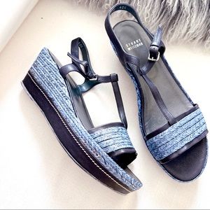 Stuart Weitzman Leather Braided Raffia Platform Wedges Blue Size 10.5
